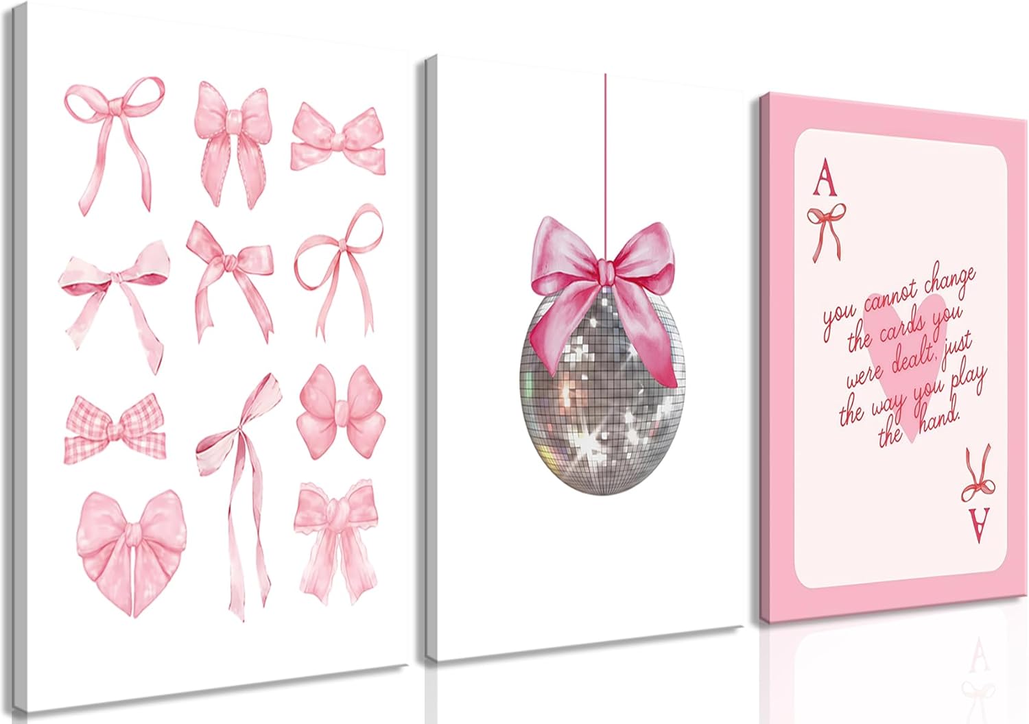 Pink Bow Canvas Wall Art Set of 3 - Coquette Disco Ball Room Decor Aesthetic Pictures, Pink Loving Heart Paintings Posters Wall Decor Prints for Girls Bedroom Dorm Bathroom 16x24 inch Framed pink Wrapped Canvas 24"L x 16"W