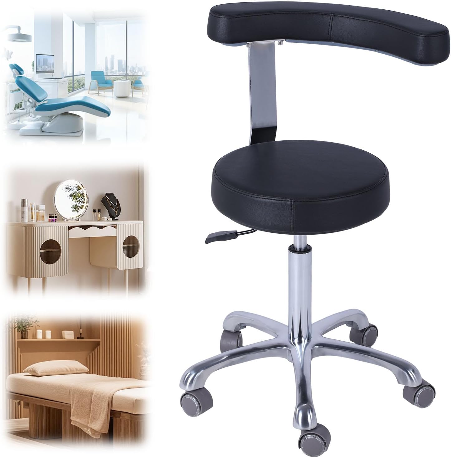 Stool Height Adjustable Rolling Stool with Wheels and Backrest Heavy Duty Dentist Chair for Dental Lab Salon Home