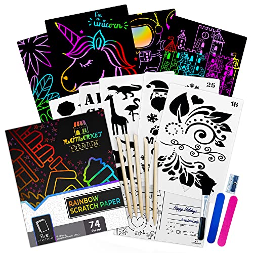 raimarket Papier à gratter pour Enfants 74 pièces, Feuilles de Carton a Magique Arc-en-Ciel, matériel de Dessin pour des des fêtes, des Jeux, des Cadeaux de Noël, de Pâques, et d'anniversaire Cover
