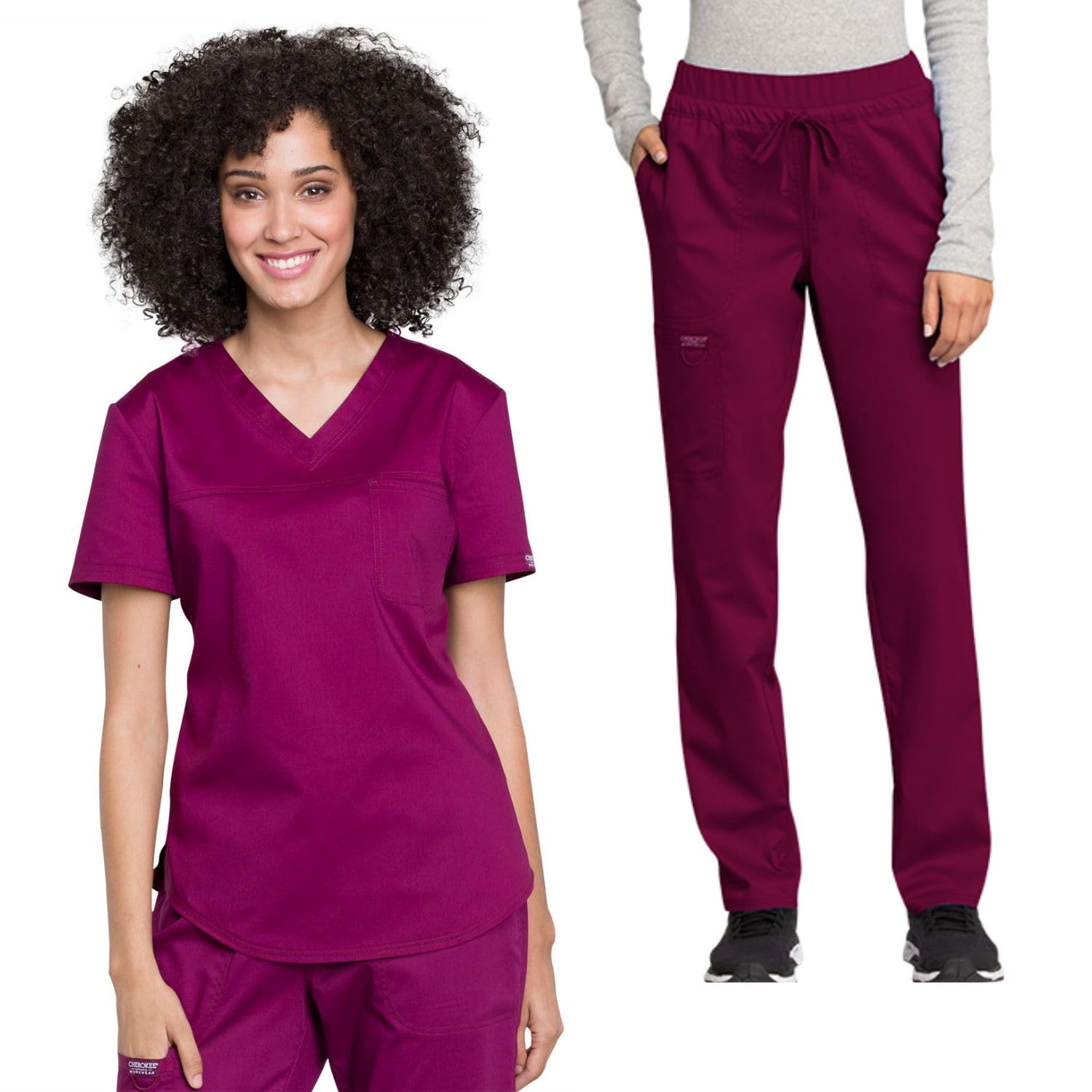 Cherokee WW657 - Conjunto de ropa quirúrgica para mujer, cuello en V, con pantalón médico de tiro medio y pierna cónica con cordón, WW105, color vino, talla M, pantalón pequeño