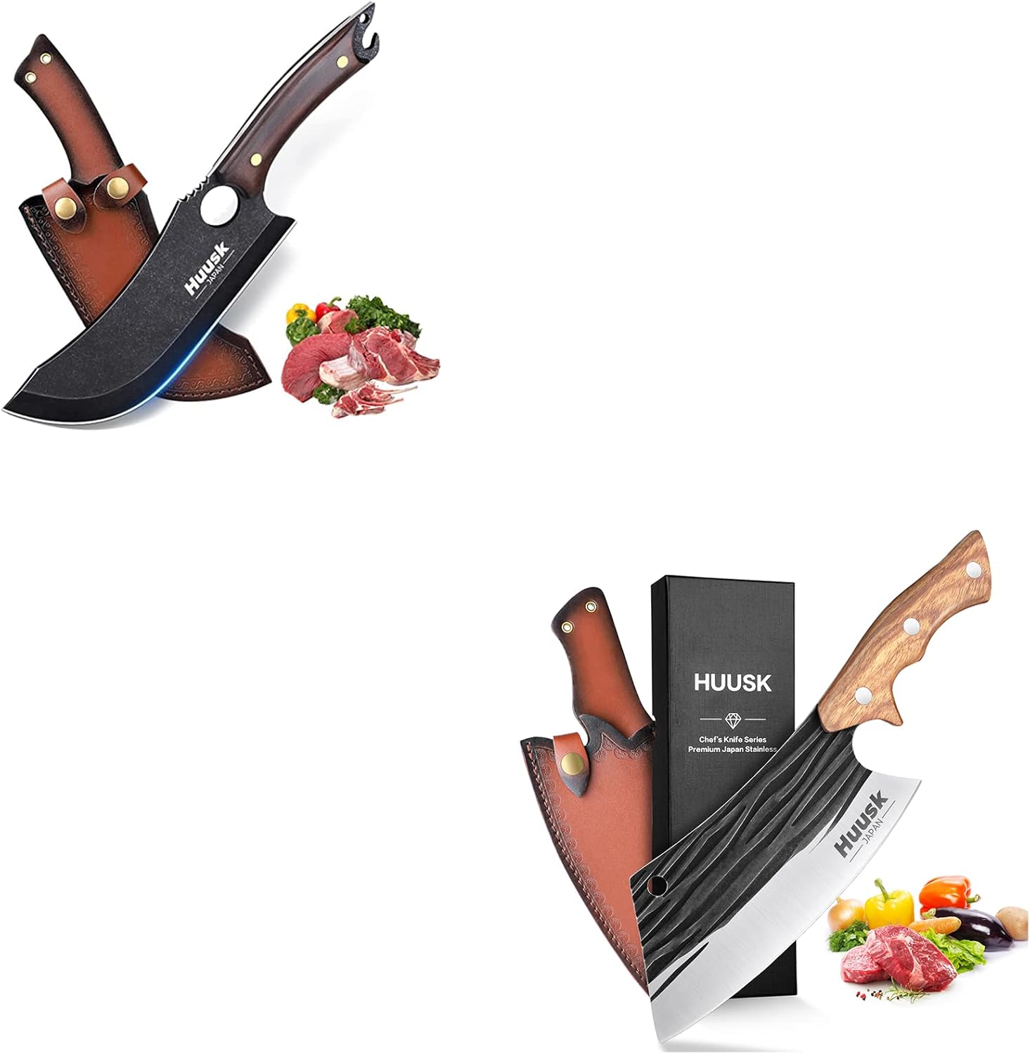 Huusk Hand Forged Meat Cleaver Knives Bundle with Full Tang Kitchen Knife