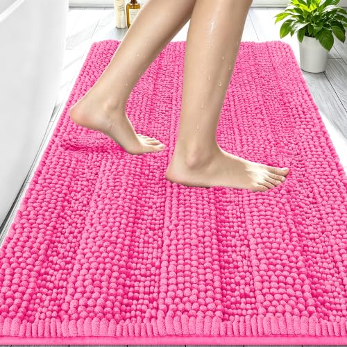 Image of Smiry Thick Chenille Bathroom Rugs 30x20, Soft Absorbent Bath Mat, Hot Pink | Quick‑Dry & Machine Washable, Non‑Slip Bath Carpet, Striped Bath Rugs for Tub & Shower, Modern Home Decor Accessories