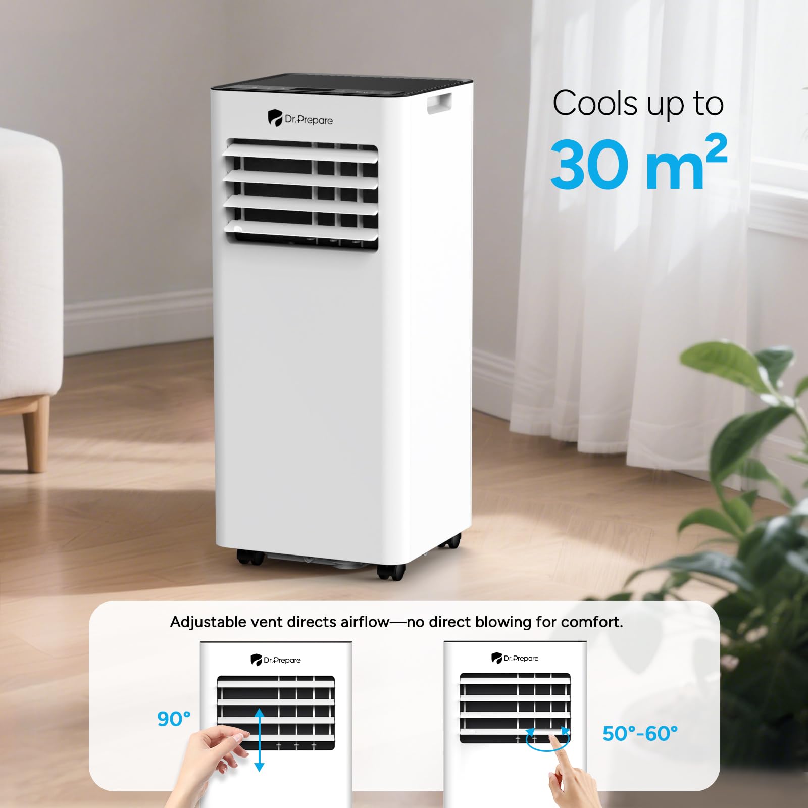 DR.PREPARE Mobiles Klimagerät 9000 BTU mit APP, 4 in 1 Mobile Klimaanlage mit Abluftschlauch, Kühlen&Ventilieren&Entfeuchten, Ventilator & Schlafmodus mit Fernbedienung, Kühlt bis zu 30m², 1-24H Timer