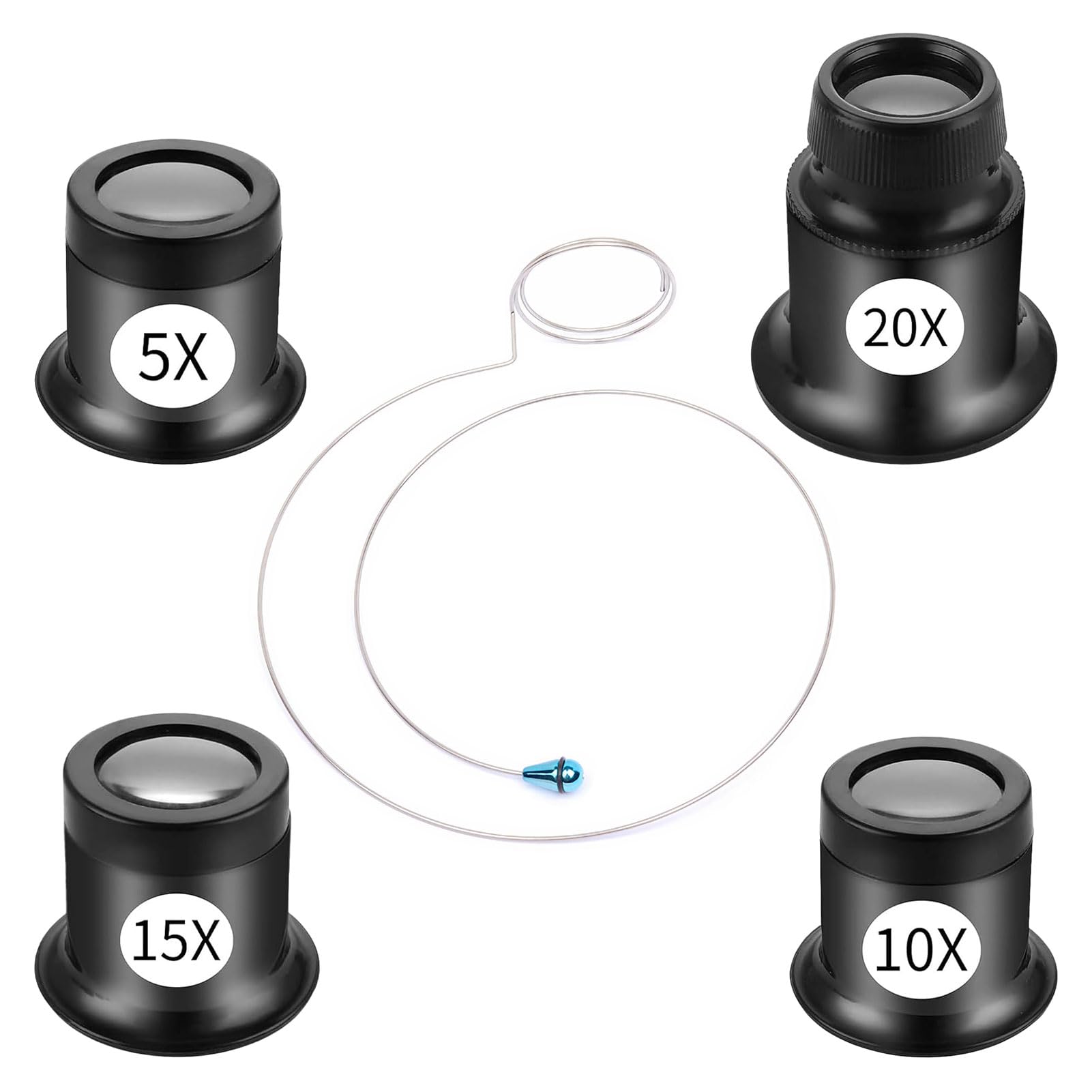 4 PCS Jewellery Magnifying Glass,Jewelers Loupe with Eyepiece Steel Ring Adjustable Headband,Professional Jewellers Magnifying Glass 5X 10X 15X 20X