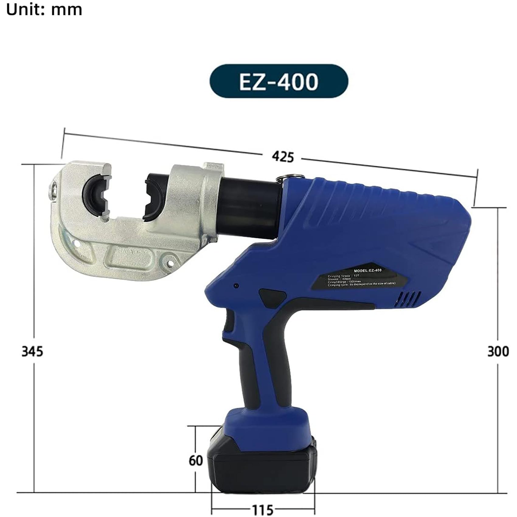 Szczypce hydrauliczne wielokrotnego ładowania, elektryczne narzędzie do zaciskania hydraulicznego z 13 matrycami, zakres zaciskania 10-400 mm², szybkie zaciskanie 6-18 S, 2 baterie 4,0 AH w zestawie