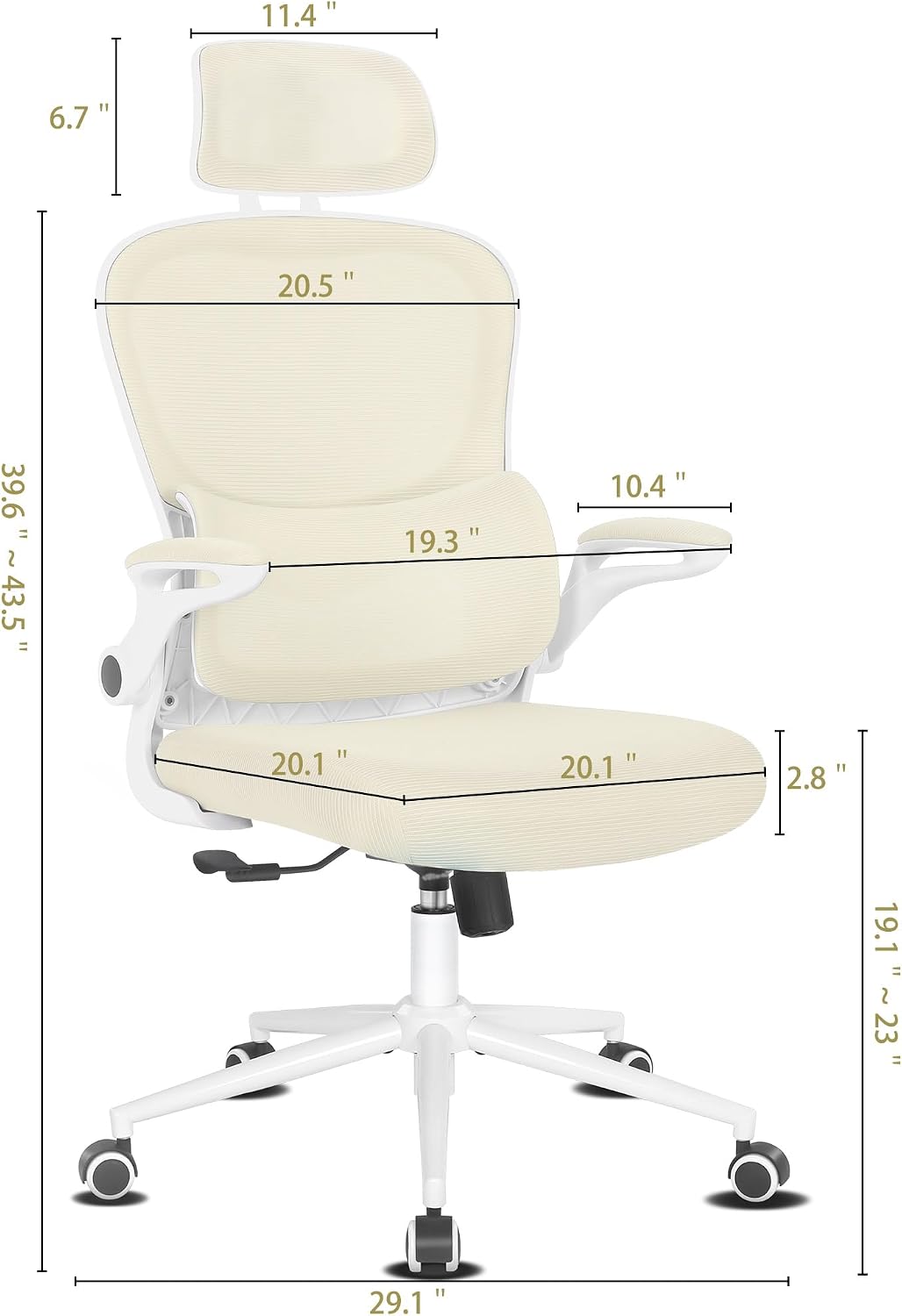 Detailed dimensions of the Misolant Ergonomic Office Chair, showing height, width, and depth measurements.