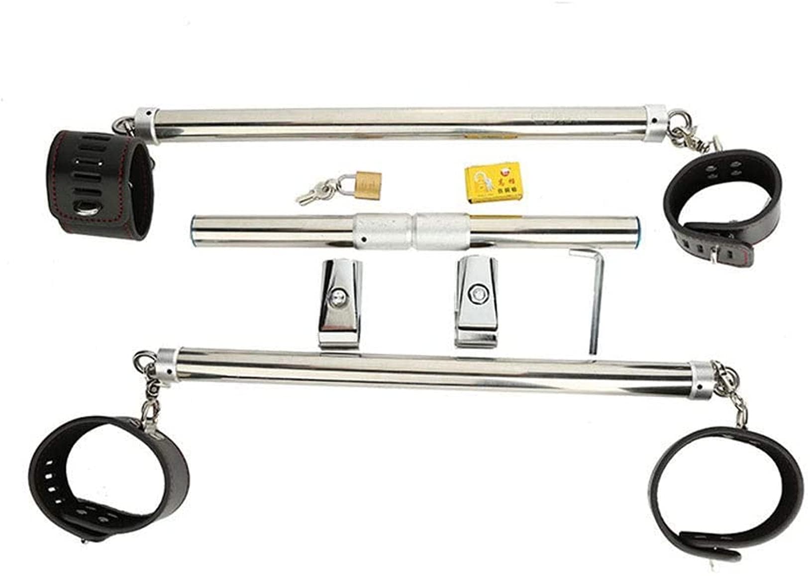 Extrem Bondage Set Spreizstange mit Verstellbar Leder Handfesseln/Handschellen und Fußfesseln Edelstahl Restraint/Fesselset System für Paare Fetisch Slave Sexspielzeug