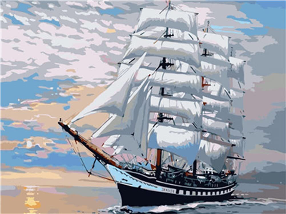 Meecaa Boat Paint By Numbers Seaside Landscape Kit For Adults Beginner Diy Oil Painting 16X20 Inch (, No Frame)
