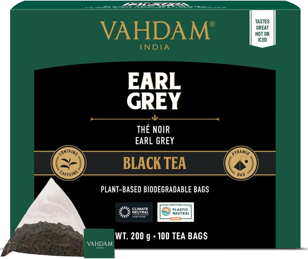 VAHDAM, Earl Grey Black Tea Bags (100 Count) Medium Caffeine, Non GMO, Gluten Free | Citrus Bergamot & Smooth | Resealable Ziplock Pouch | Plant Based Tea Bags