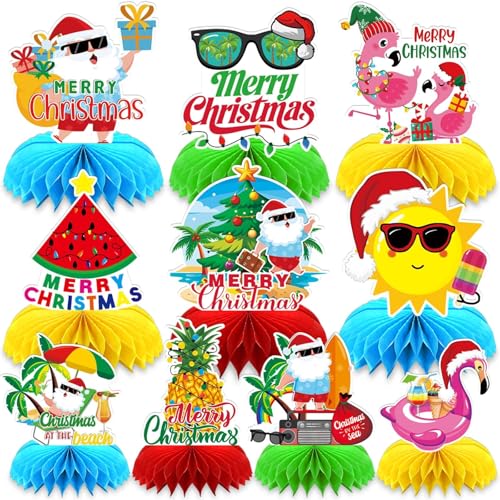 DTOFOOT 10 Pcs Summer Christmas Decorations, July Summer Christmas Table Honeycomb Hawaiian Christmas Party Toppers Summer Beach Decorations for Christmas Holiday Supplies