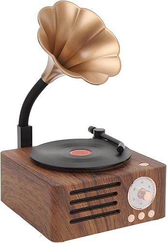 Tocadiscos vintage, tocadiscos portátil de grano de madera con cuerno de cobre, función de radio FM, altavoz Bluetooth compacto, para