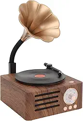Toca-discos vintage, toca-discos portátil de grão de madeira com buzina de cobre, função de rádio FM, alto-falante Bluetooth compacto, para decoração de casa de entretenimento
