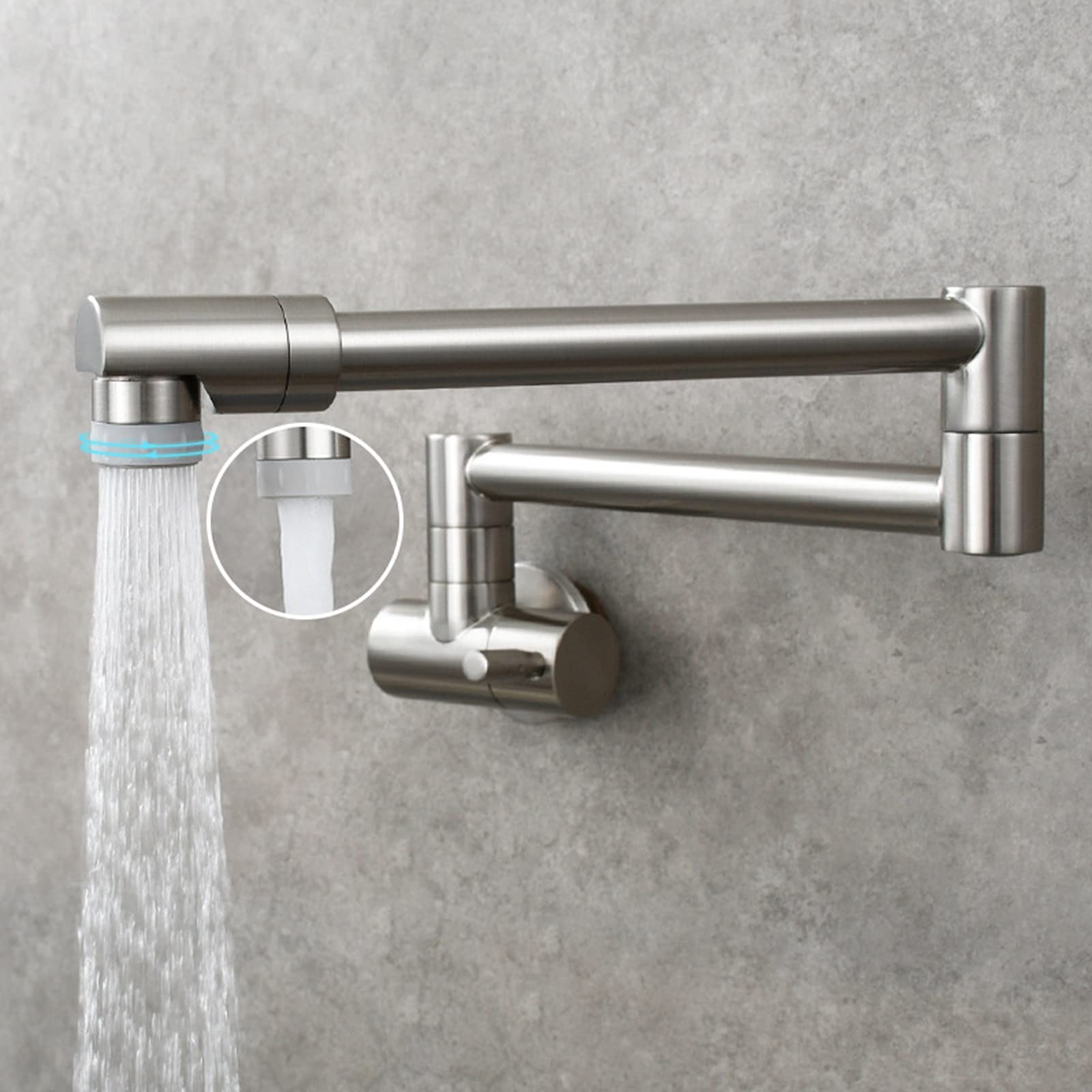 Grifo De Cocina, Latón Plegable Swing Spout Grifo De La Cocina Montaje En Pared Sola Manija Pot Filler Grifo, Grifo De Cocina Plegable Con Brazo Oscilante De Doble Articulación,Brushed