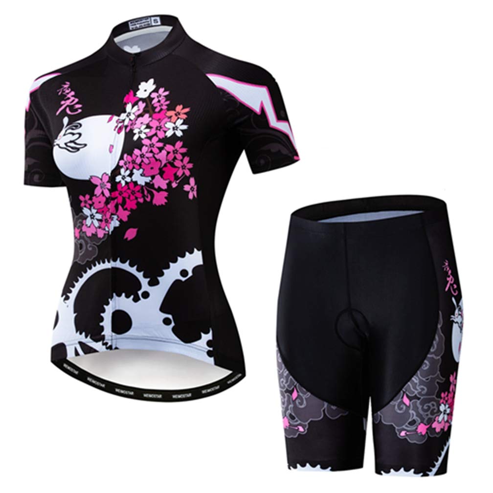 WeimoMonkey Women's Short Sleeve Cycling Jersey Quick Dry MTB Clothing Bike Top + 3D Shorts Set Flower Black XL