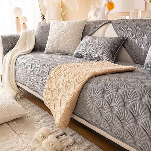 YHWW Sofa Abdeckung Sofa Überwurfdeck Couchbezug L Form/U Form Eckcouch Sofahusse 3/2/4 Sitzer Samt Sofabezug rutschfest Hund Katze Sitzflache Sofaschoner (Beige/Grau/Blau) Cover