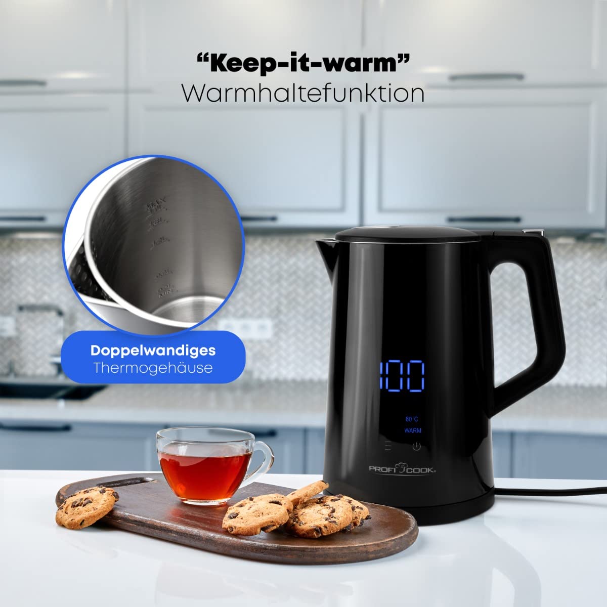 ProfiCook® Bouilloire avec réglage de la température 1,7 litre - Choix de la température 50°-100°C, fonction maintien au chaud, théière avec réglage de la température - PC WKS 1243