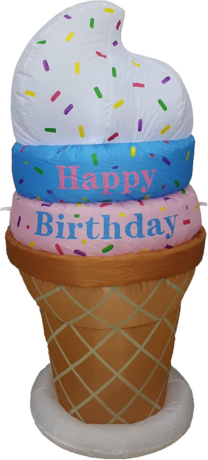 4 Foot Tall Inflatable Happy Birthday Tricolor Ice Cream Cone Pre-Lit LED Lights Outdoor Indoor Decor Holiday Blow Up Giant Lawn Home Garden Party Favor Yard Decoration