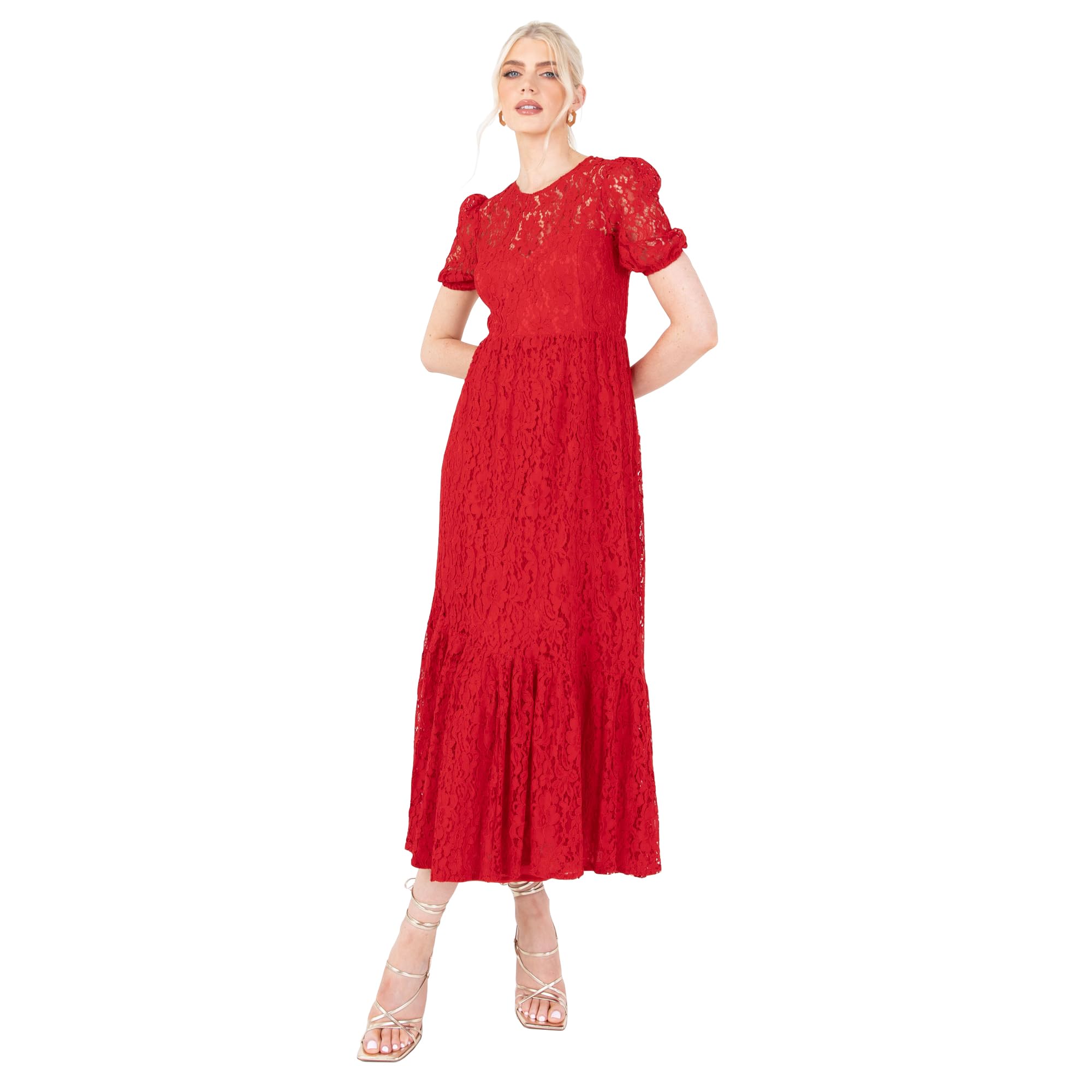 Lovedrobe Women's Midaxi Dress Ladies Red Short Sleeve Round Neck Puff Lace Empire A-line Bow Tie Open Back for Evening Occasion, Red, 22