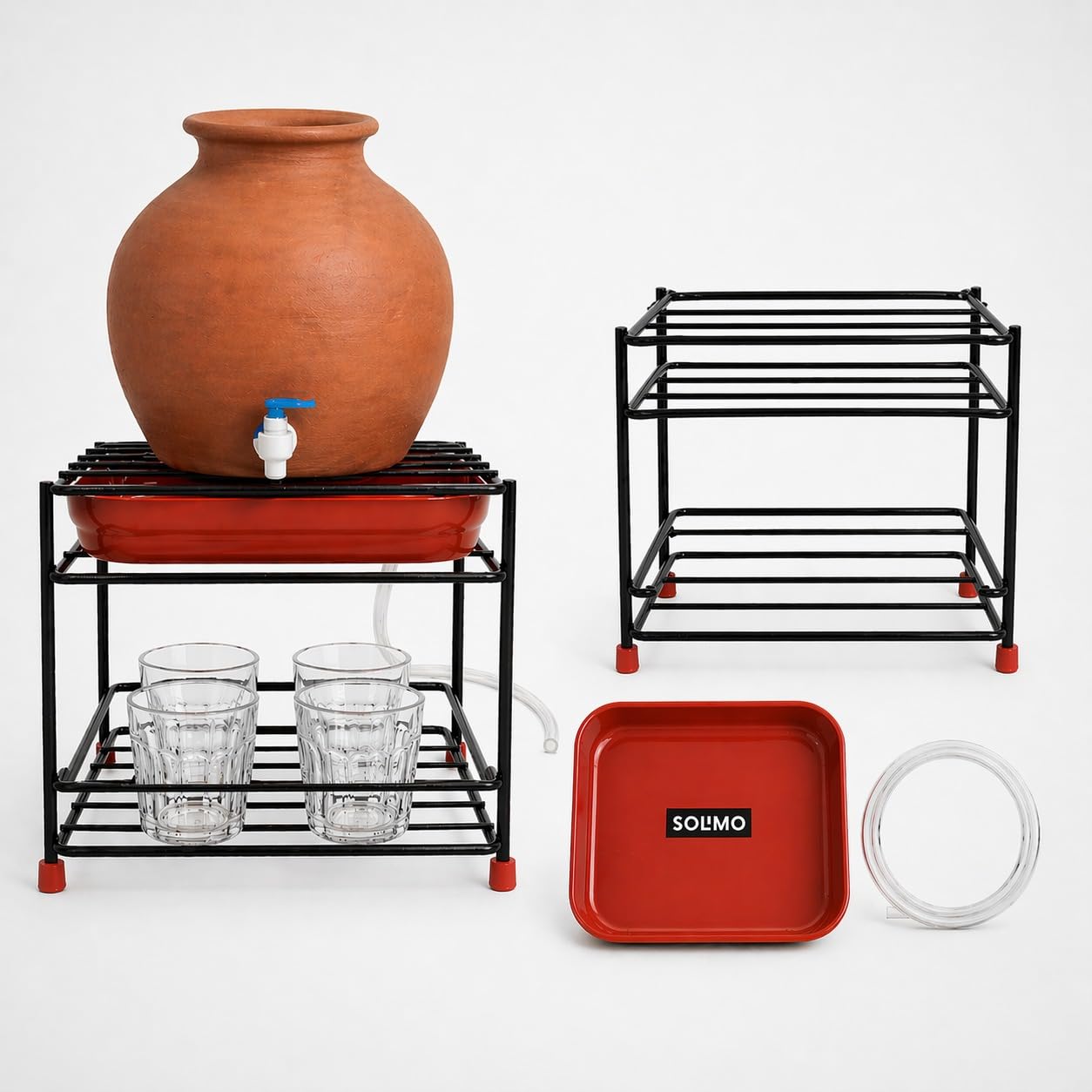 Amazon Brand - Solimo Flat Surface Matka Stand | Water Pot Stand for Kitchen with Pipe fitted to Drain water| Heavy Duty Matka Holder | Metal Stand for Earthen Pot | Home Use (Black)-image-1
