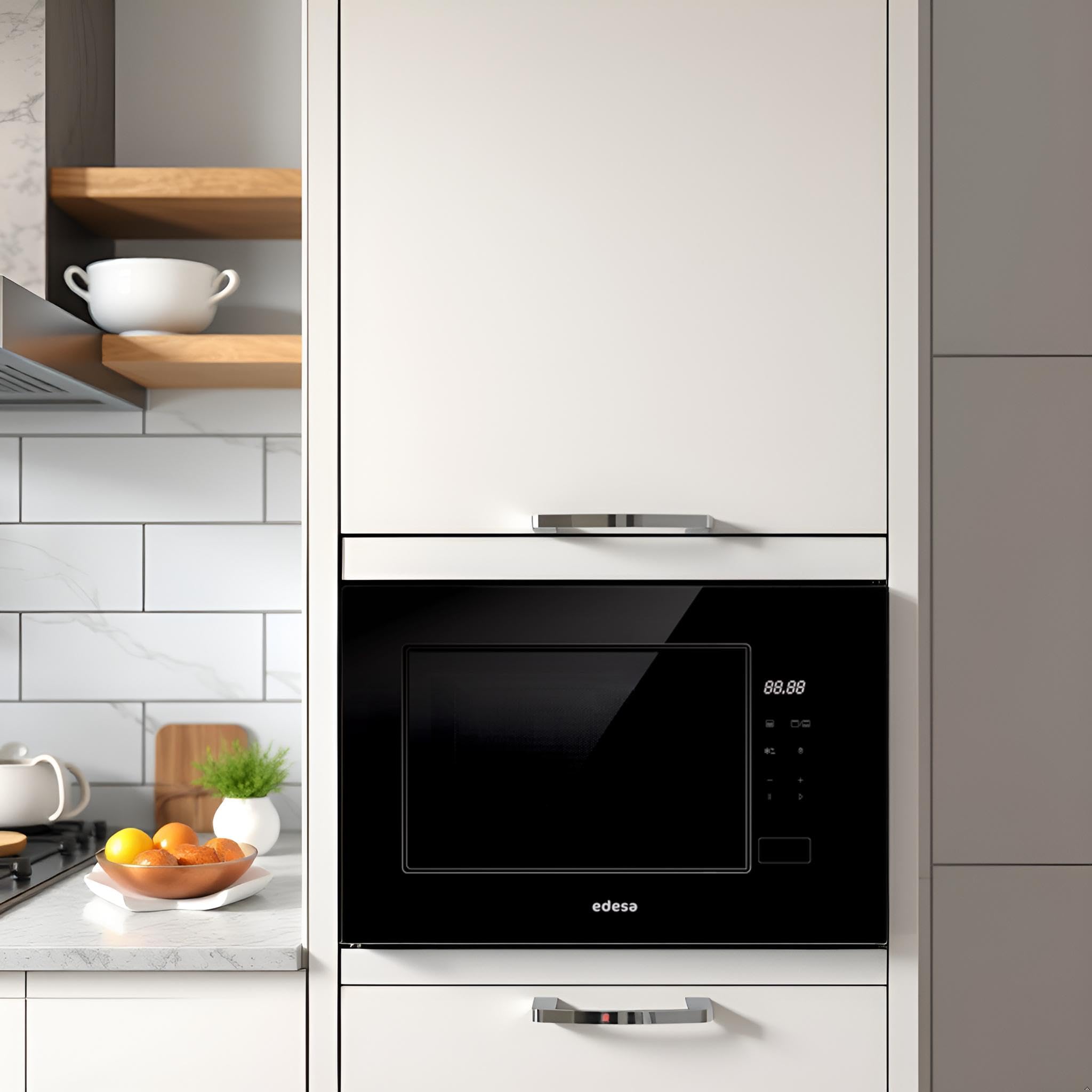 EDESA Microondas De Encastre EMW-2021-IG BK Sin Marco Gran Capacidad 20 Litros Potencia Grill 800W Descongelación 5 Funciones Botón Inicio Rápido Instalación Mueble Alto Acabado Negro