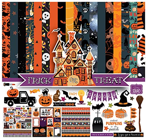 Inkdotpot Halloween Theme Collection Double-Sided Scrapbook Paper Kit Cardstock 12"x12" Card Making Paper Pack with Sticker Sheet - 16 Pages - Orange & Black