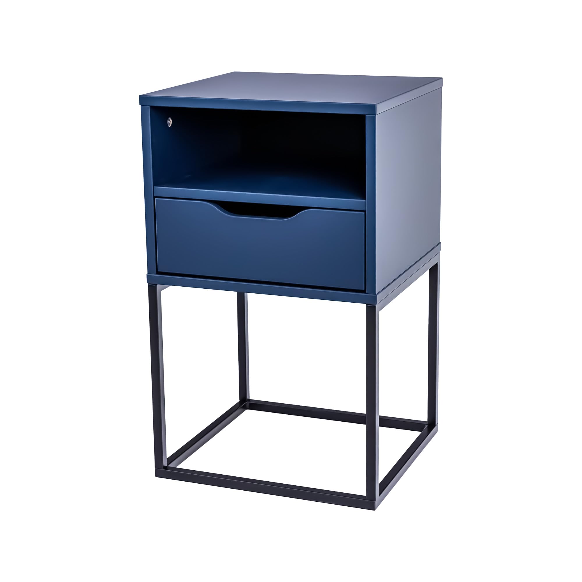 Comodino Moderno Camera da Letto L38 x P36 x H63 cm, Tavolino Notte con Cassetto e Gambe in Metallo, Design Scandinavo, Mobiletto Contenitore Compatto, Comodino Blu Scuro