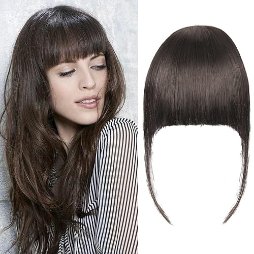 Flequillo falso para cabello natural con clip, clip en flequillo, postizo corto y recto para mujer, color negro y marrón claro