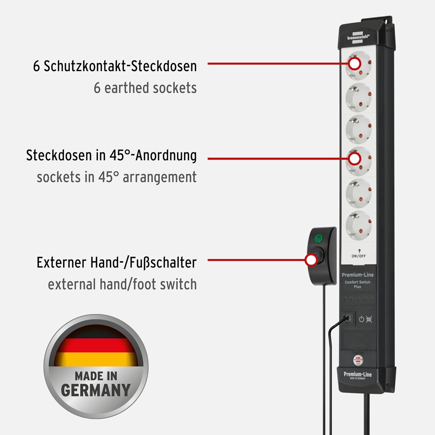 Brennenstuhl Premium-Line Comfort Switch Plus Power Strip 6-Way (3 m Cable, Additional Hand/Foot Switch, Wall Mounting, Made in Germany) Black/Grey