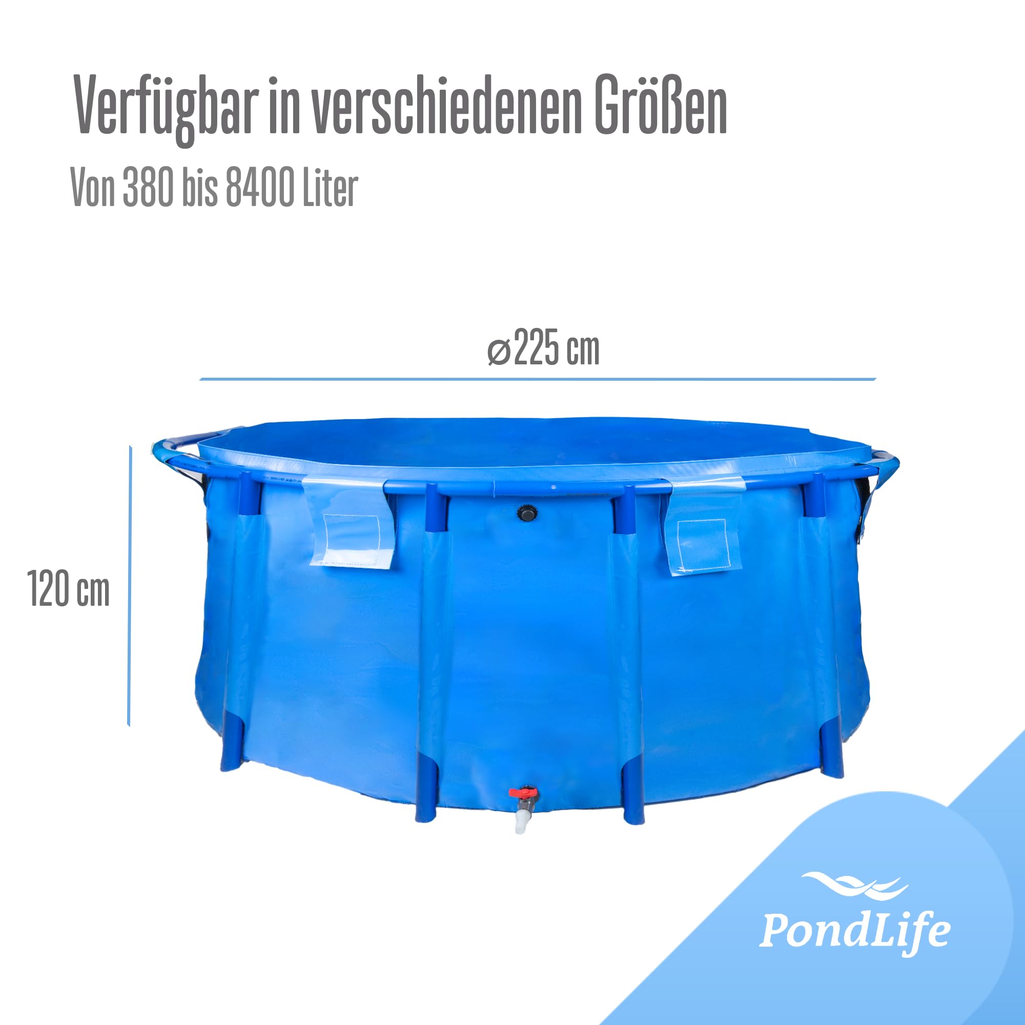 Pondlife Faltbecken für Koi und Teichfische, Ø 225cm x Höhe 120cm, 4700 Liter, stabile PVC-Folie, UV-beständig