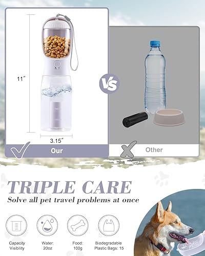 Miniatura 3 de Botella de agua para perros 3 en 1, botella de agua portátil a prueba de fugas para mascotas con contenedor de alimentos y dispensador de bolsas de