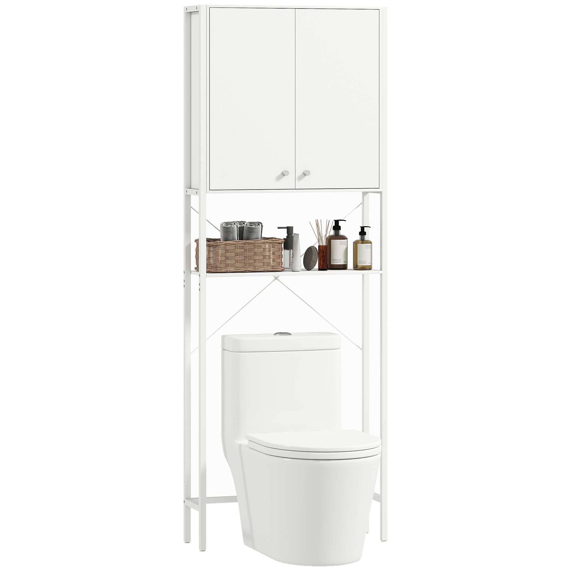 HOMCOM Mobile Bagno Sopra WC con Armadietto e Ripiano Aperto, Mobile Sopra Lavatrice Salvaspazio con Gambe in Metallo, per Bagno e Lavanderia, 64x20x180 cm, Bianco