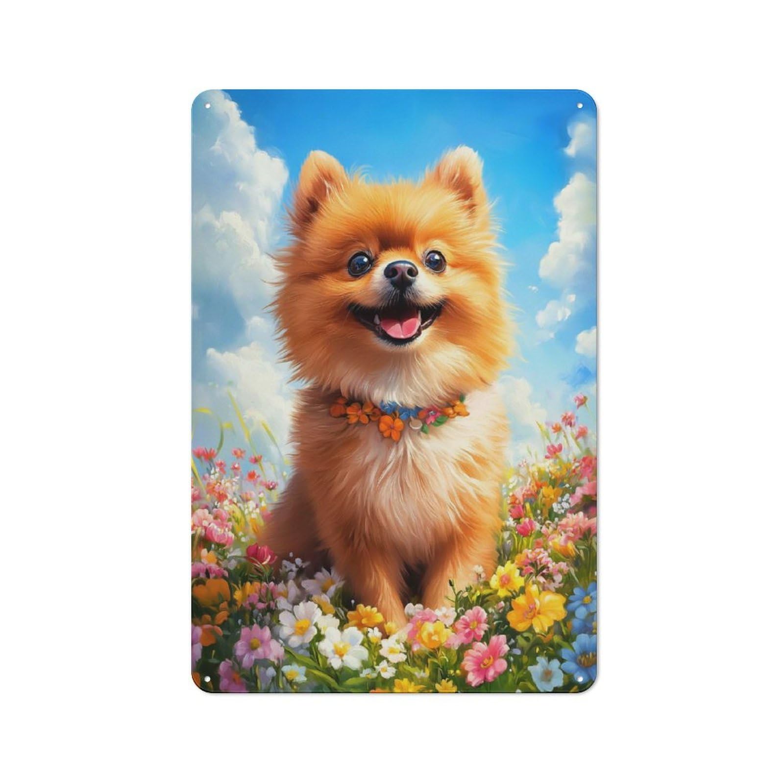Bar Wall Smiling Pomeranian in Flowers Decorative Metal Plaque, Wall Decor for Home Pub, Dining Room Or Drinks Area, 30x20cm