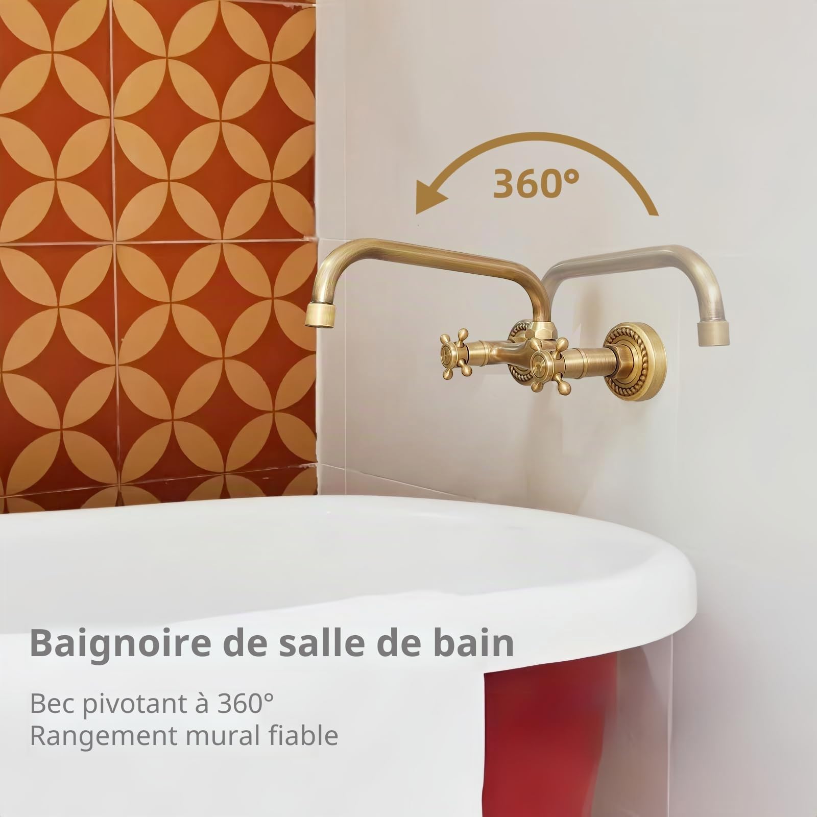 Robinet de Cuisine Mural à Deux Poignées Laiton Antique | Rétro mitigeur mélangeur d'évier murale, froide et chaude, pivotante à 180° bec de 24 cm, pour cuisine salle de bain