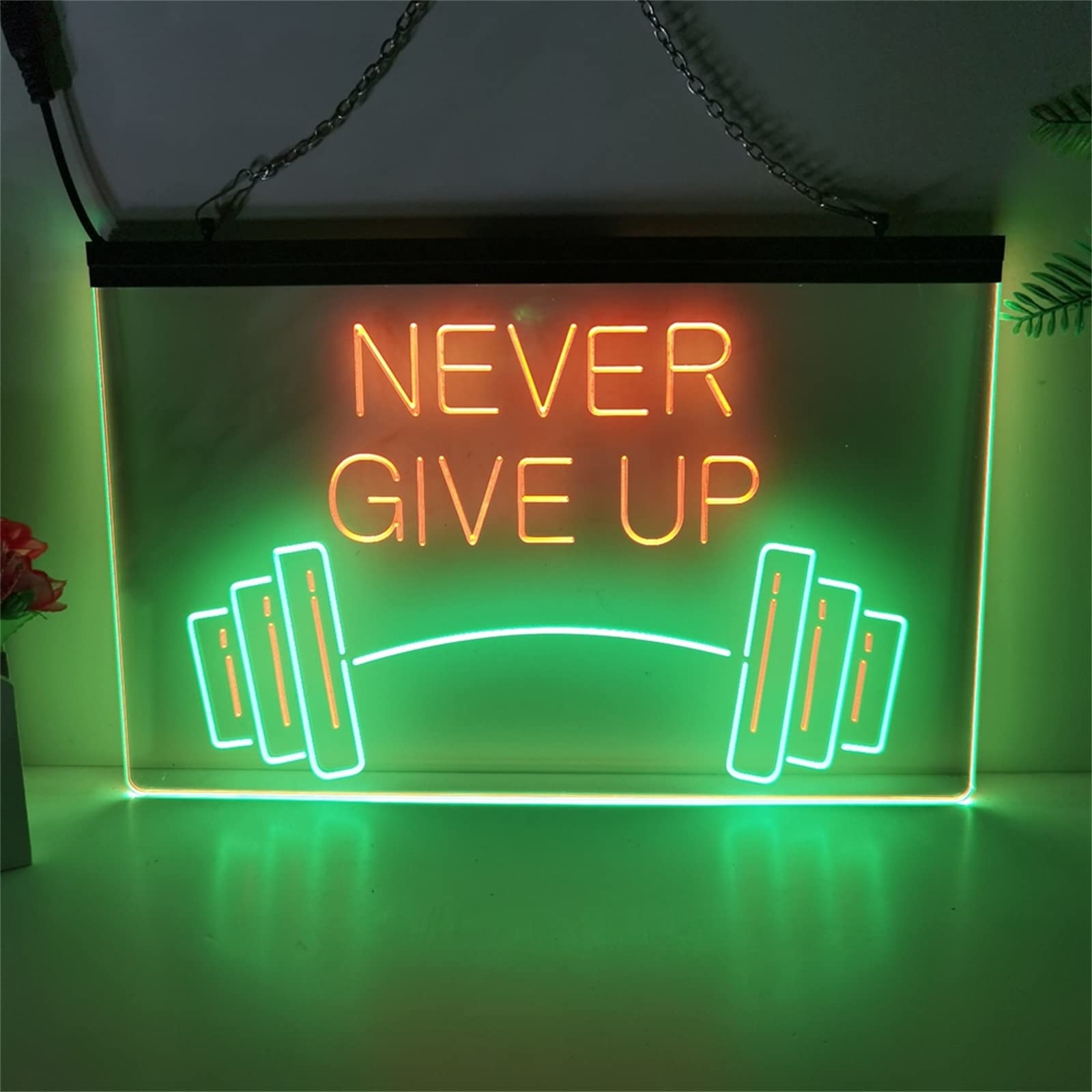 REWIS Nunca te Rindas, Letrero de neón LED, Luces de neón grabadas en 3D de Doble Color USB Personalizadas, para Dormitorio, Gimnasio, Oficina, Colgante Decorativo Regulable,Green Red,40x30cm