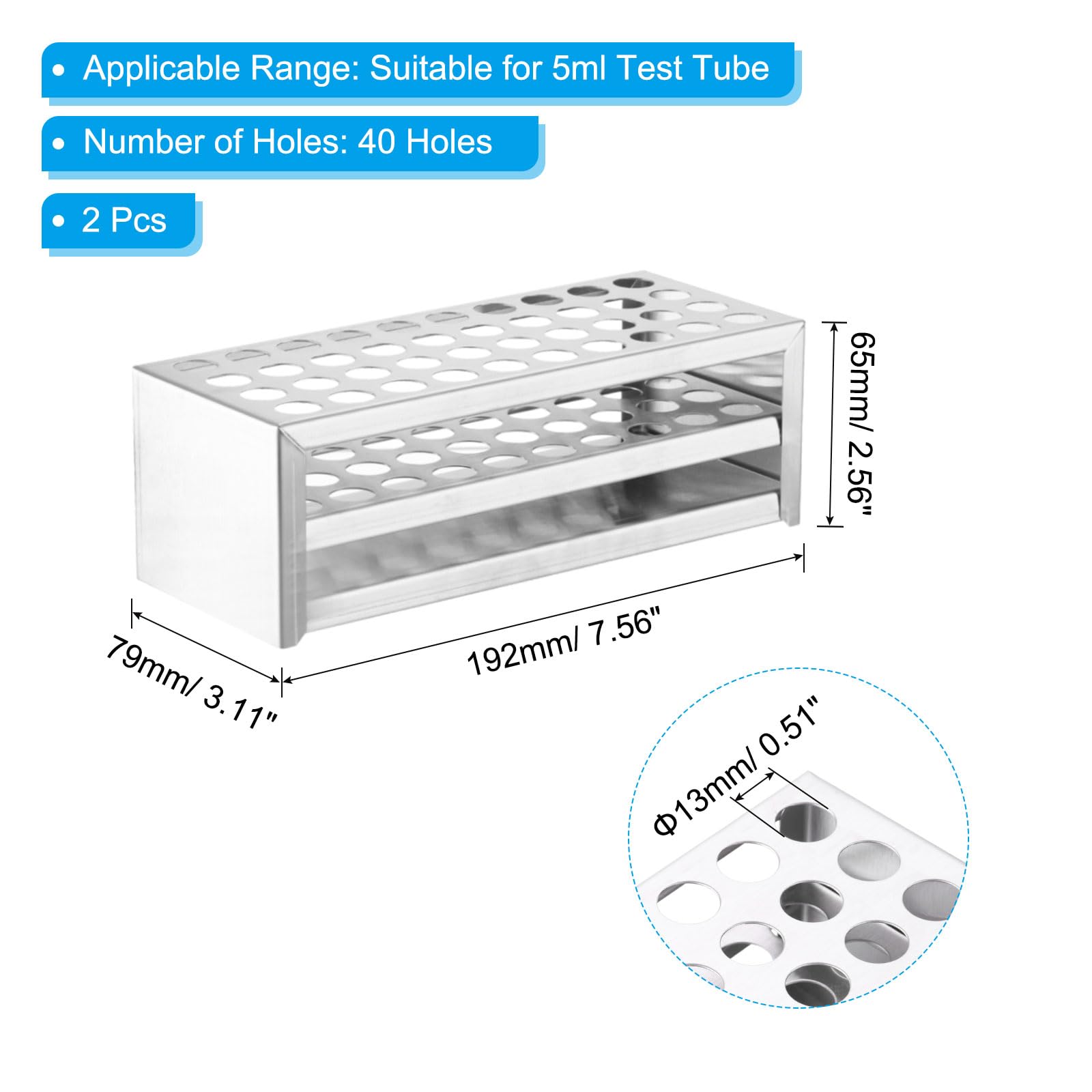 PATIKIL Soporte Para Tubos Ensayo 40 Agujeros 2 Pz Agujero Redondo 13mm Soporte Para Tubos Ensayo Acero Inoxidable 304 Adecuado Para Tubos Ensayo 5ml Para Experimentos Científicos Plateado