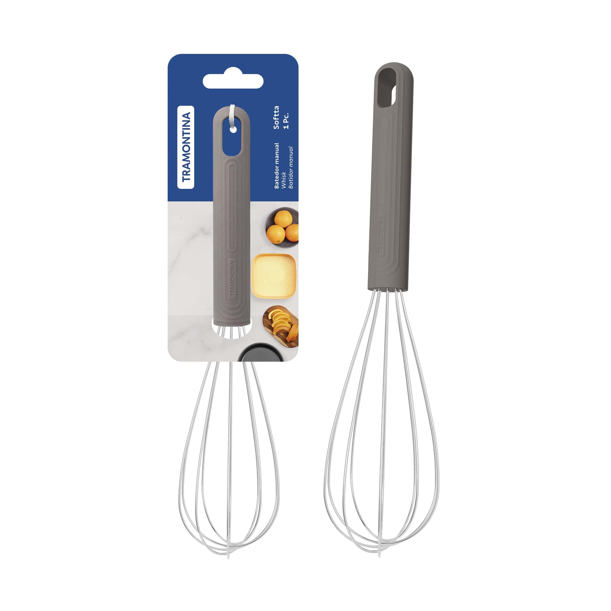 Tramontina Softta Heat‑Safe Whisk – Stainless Steel Whisk with Grey Rubber Grip – 210°C Safe – Perfect for Mixing, Whipping, Blending