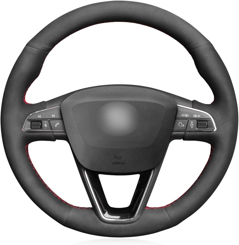 MEWANT Black Suede Hand Sew Wrap Steering Wheel Cover for Seat Leon 5F Mk3 2013-2019 / Ibiza 6J 2016-2019/Tarraco 2019/Arona 2018-2019/Ateca 2016-2019/Alhambra 2016-2019
