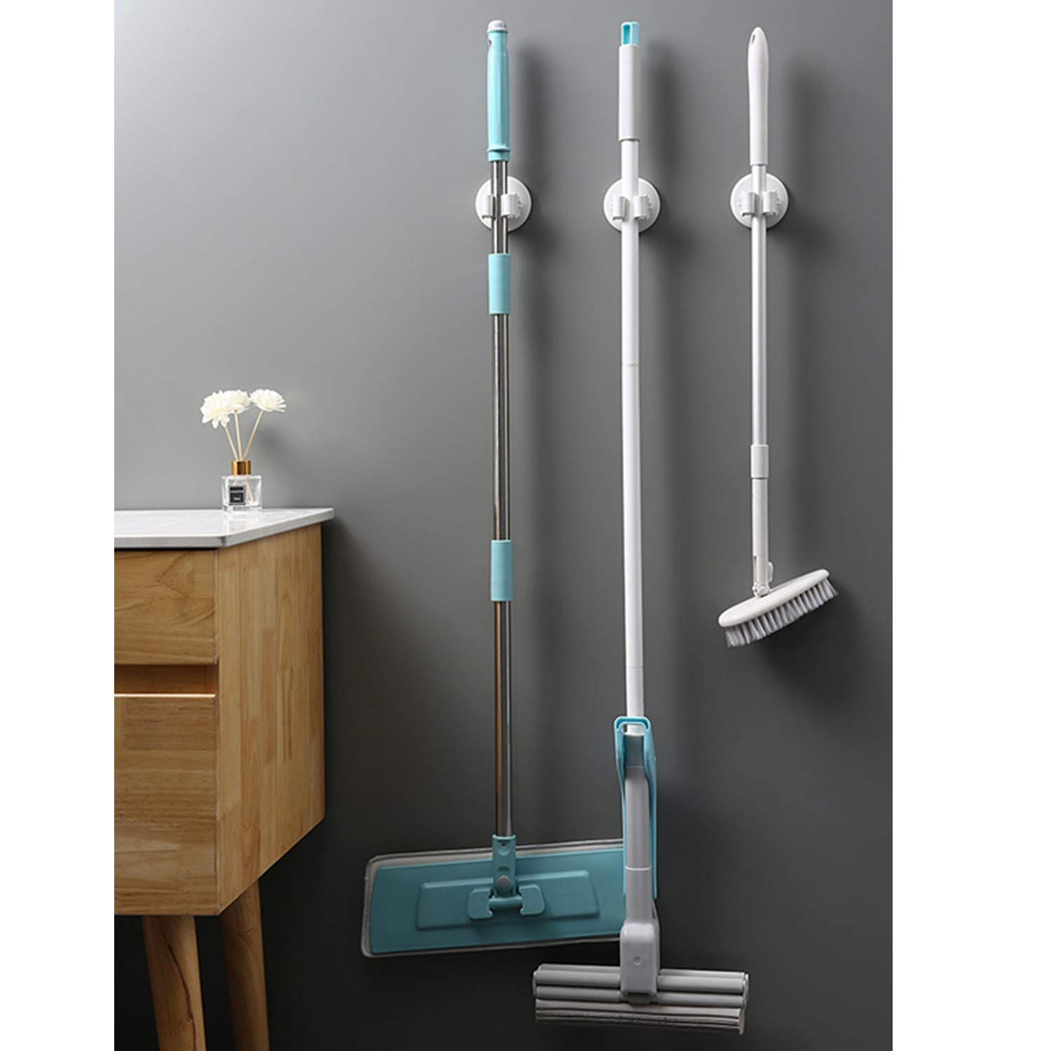 Portascope e Portaspazzole Muro Montato, Robusto Strumento Rack di Stoccaggio Salvaspazio per Cucina, Plastica ABS - 3 Pezzi - Bianco