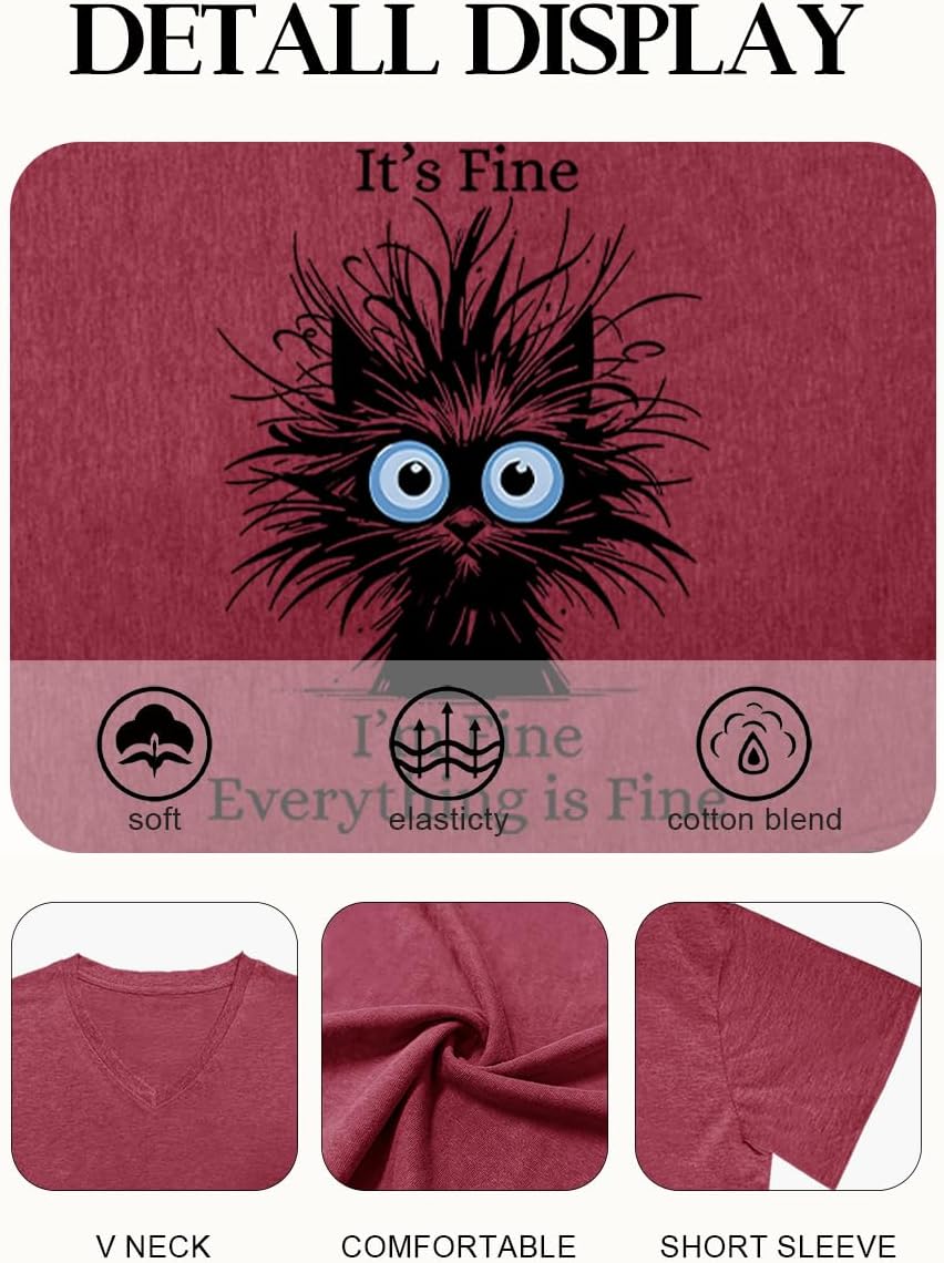 Womens I'm Fine Everything is Fine V Neck T-Shirts Short Sleeve Funny Shirt Casual Cute Cat Graphic Tee Tops - Image 4