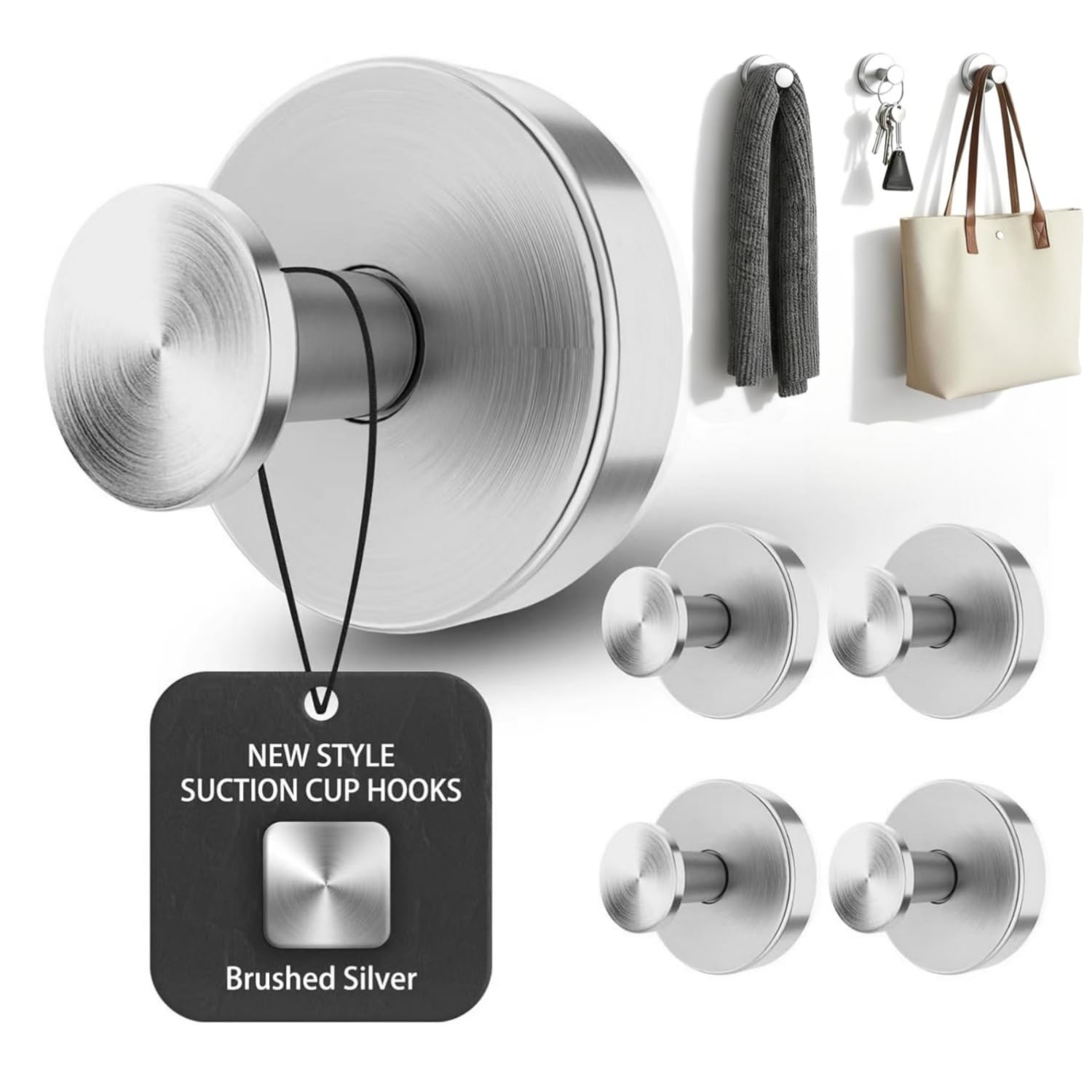 SntCrave 4PCS Suction Cup Hooks | Extra Sticky and Strong,Hanging up to 15lbs | Stainless Steel, Waterproof, No Drilling | Fit for Bathroom, Kitchen, Tile, Mirror – Towel, Robe, Loofah (Silver)