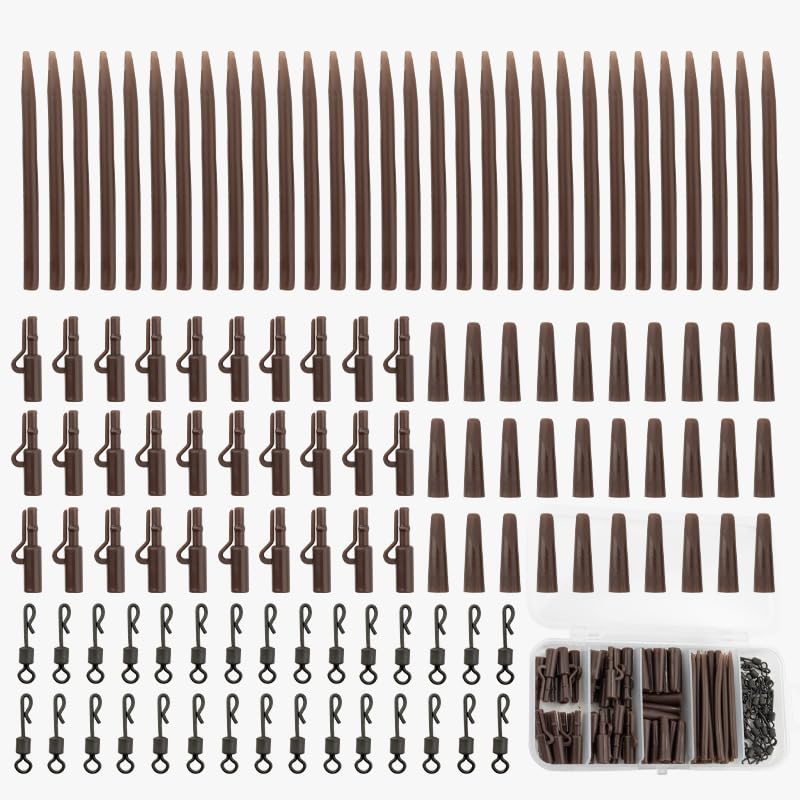 Funver 60 Pcs Carp Fishing Safety Lead Clips Kit with Anti Tangle Sleeves Tail Rubbers & Quick Change Swivels for Small Medium Weights, Fishing Tackle Set Complete Action Pack in Storage Box (Brown)