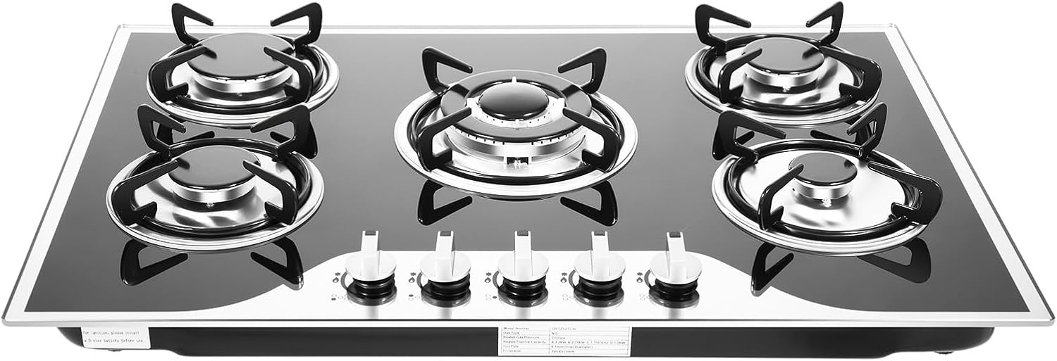 Gas Cooktop, 5 Burner Built-in Gas Stove with Independent Switch Control, Built-in NG/LPG Convertible Gas Cooktops, Gas Stove Top for Kitchen, RVs, Apartments