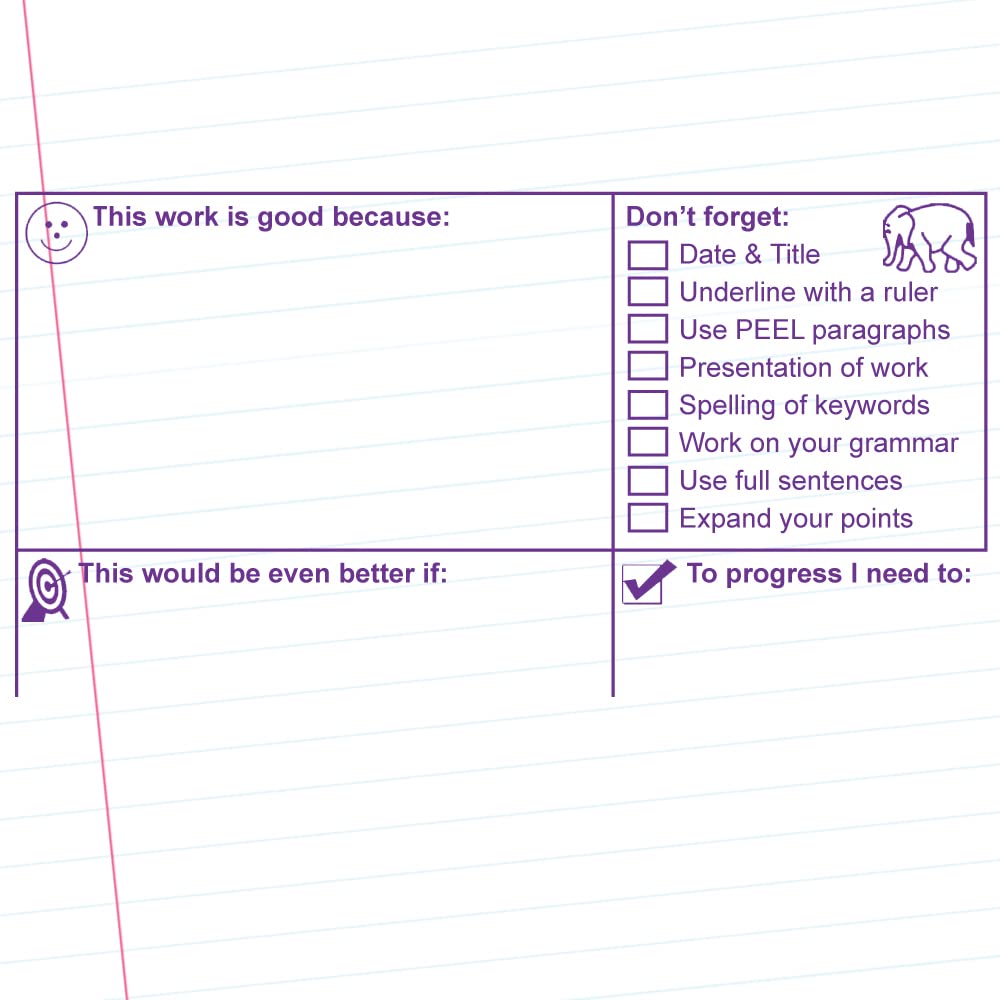 KS3 Writing Skills Feedback Marking Stamp (SPaG,Presentation, Peel, WWW, EBI, Self-Assessment) 10x5cm (Violet)