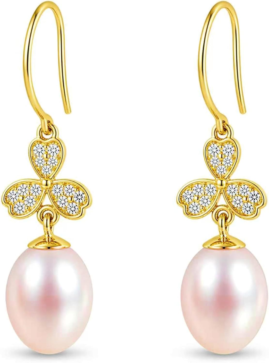 Pearl Drop Earrings for Women, Gold Plated & 925 Sterling Silver, Pink & White Dangle Earrings, Dainty Cute Elegant Bridal Wedding Gift for Her