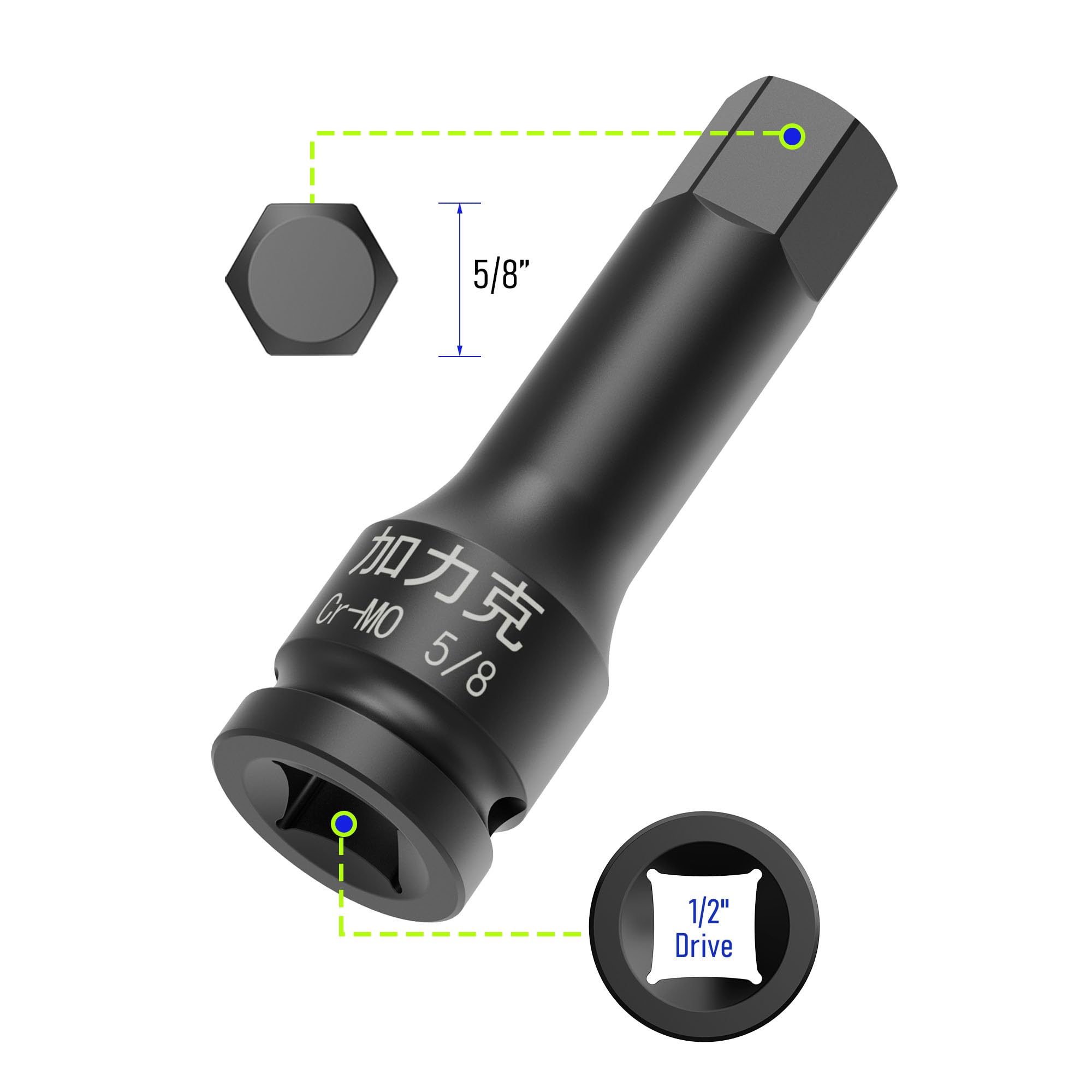 FOCMKEAS 1/2" Square Drive 5/8" Impact Hex Bit Socket, 78mm(3.07") Length, Hex Driver, Impact Grade, One-Piece Construction - Image 2
