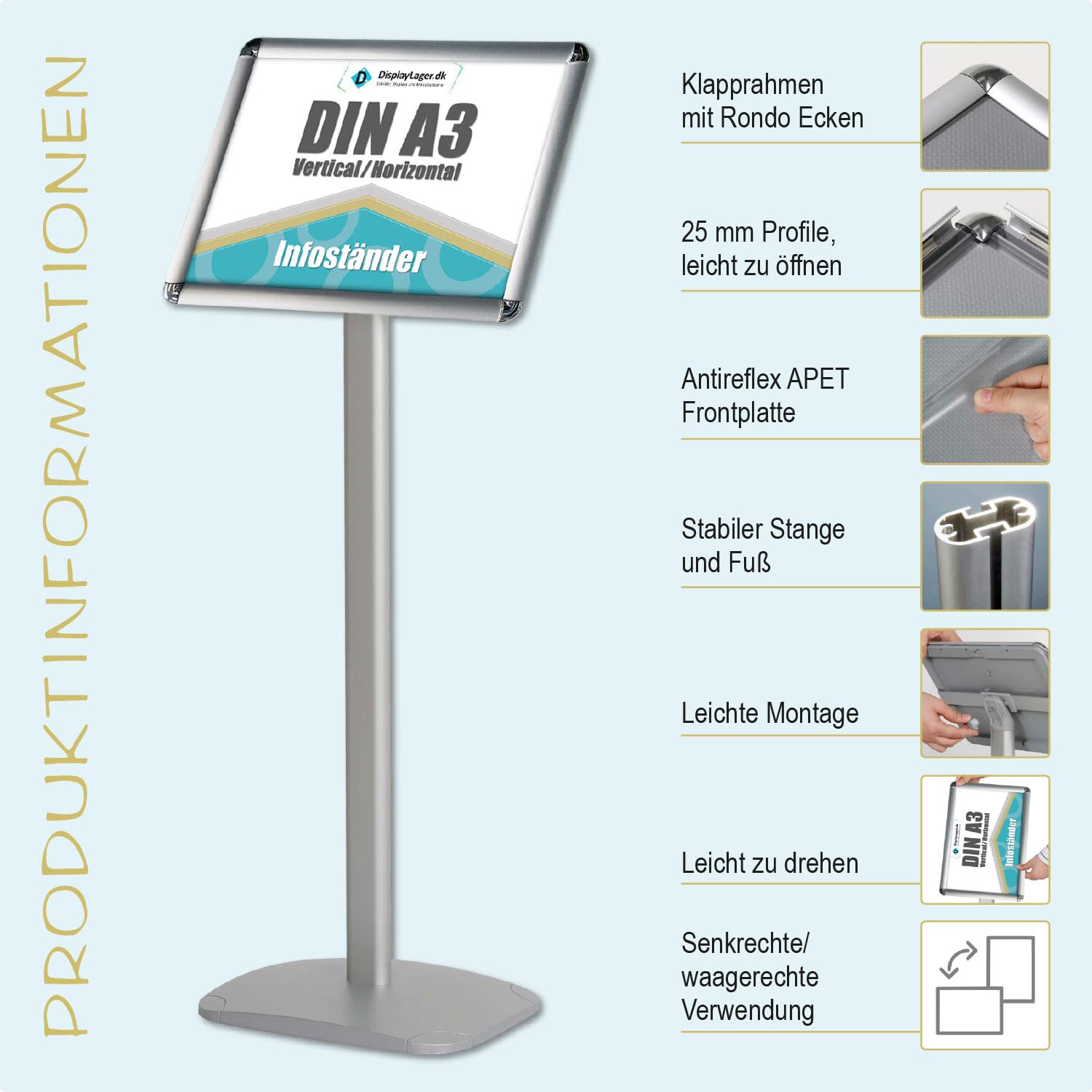 DisplayLager - EXPO Infoständer für Plakaten. Hochwertig design mit super funktionalität. Informationsständer in Rostfreie Alu Fußplatte. Infohalter für Quer/Hochformat Einsatz (A3)
