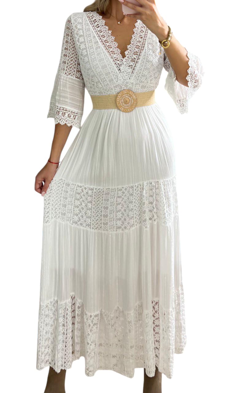 Vestido largo de encaje para mujer con cuello en V, mangas acampanadas 3/4, blanco, vestido bohemio de encaje, vestido bohemio
