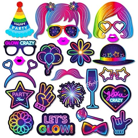 GORVELL 25pcs Glow In The Dark Photo Booth Props, Luminous Fluorescent Selfie Props, Neon Birthday Party Decorations,Bar Party Glow Party Decoration Prop Cover