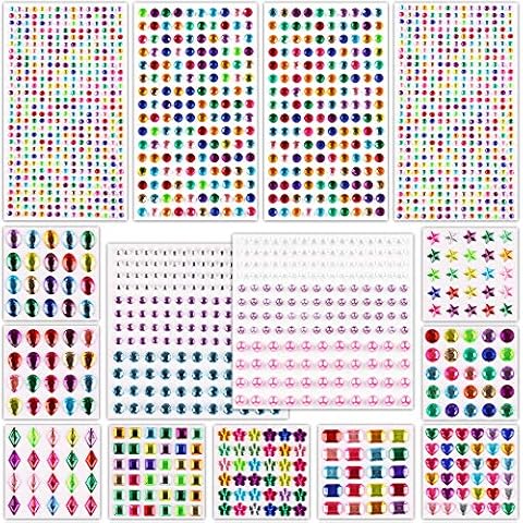 Rhinestone Stickers Self-Adhesive, Jewels Stickers, 1802Pcs Self Adhesive Acrylic Stick-on Crystal Gem Sheets, Various Shapes Multicoloured Crystal Gemstone for DIY Craft Nail Body Makeup, 15 Sheets Cover