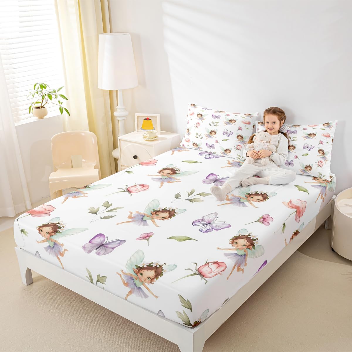 Erosebridal Dreamy Fairy Full Bedding Set,Pink Fairy Garden Fitted Sheet for Girls Kids,Cute Floral Butterfly Bed Set,Princess Girly Coquette Bed Sheets 3Pcs Room Decor (No Flat Sheet)